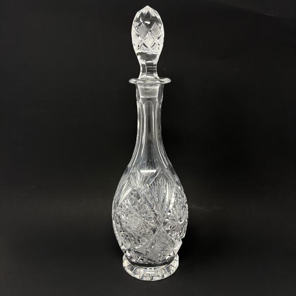 Vintage Crystal Decanter w/ Hobstar Crosshatch Wheat Design Cut Glass Bottle MCM - Picture 9 of 9